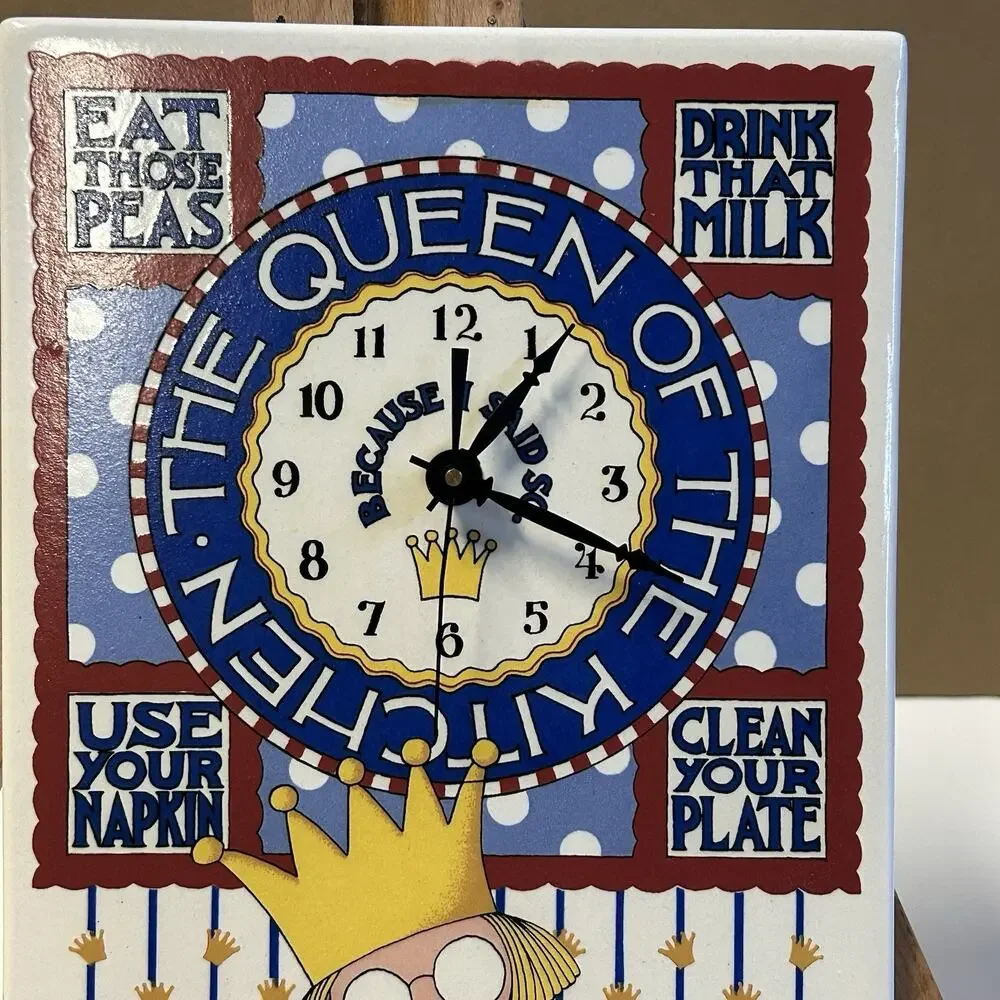 Vintage 1994 Mary Engelbreit Ceramic Tile Clock “The Queen Of The Kitchen”WORKS